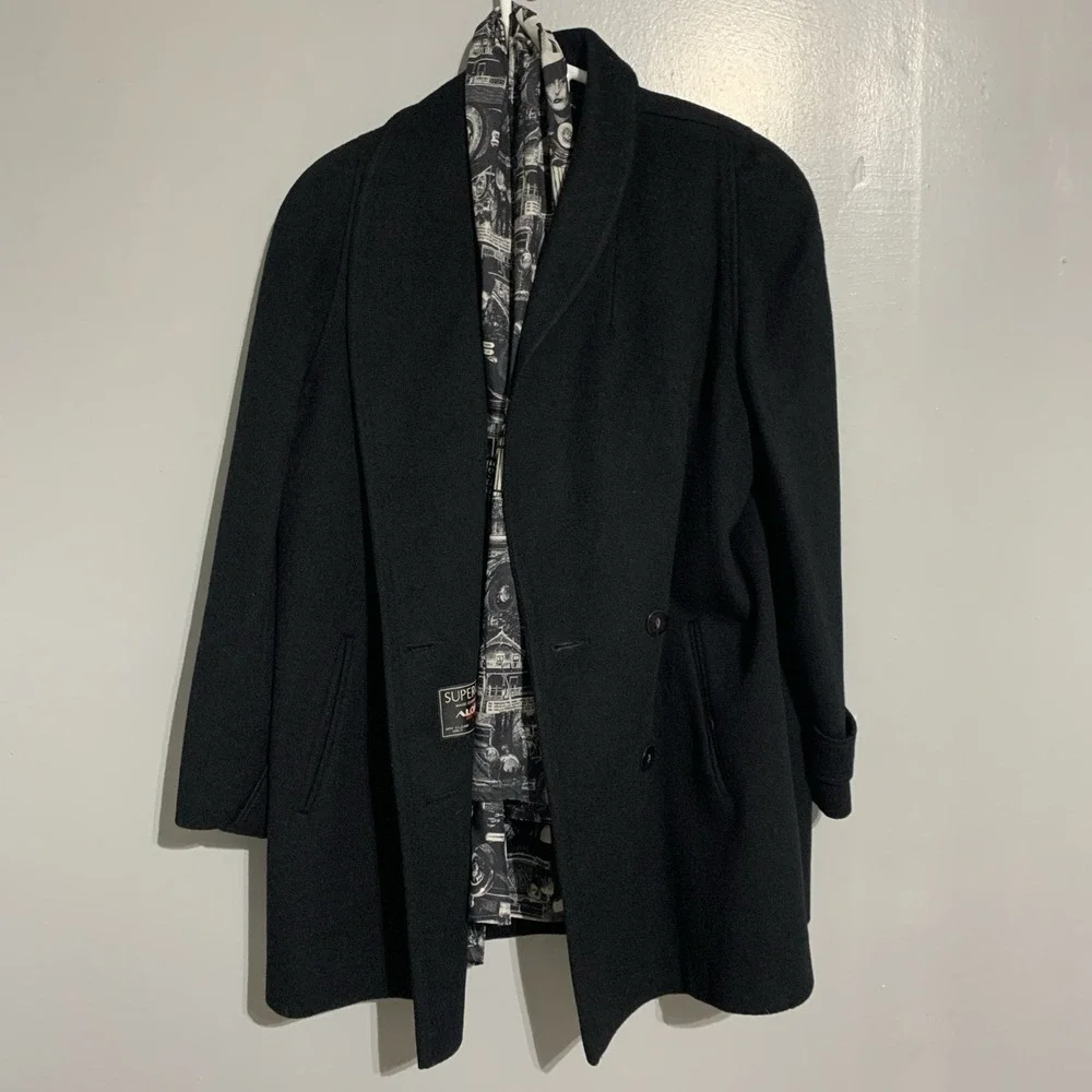 Vintage Alorna Lined Wool Double Breasted‎ Trench Pea Coat Womens L Black USA